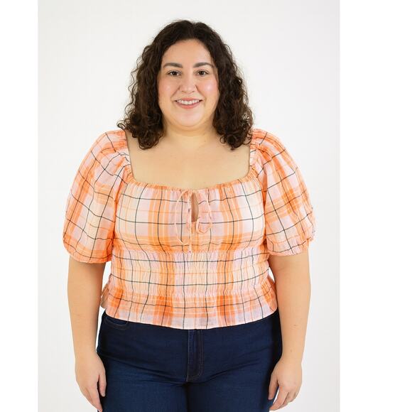 Abound Tops - Abound Coral Pink Plaid Square Neck Puff Sleeve Top – Size 1X NWOT